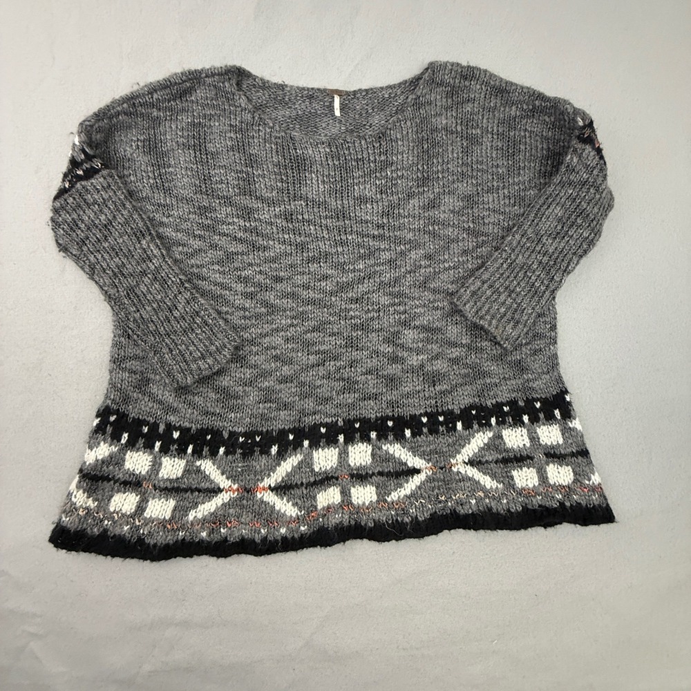 Free People Alpine Sweater Womens Small Gray Fair Isle Mohair Wool Blend Nordic